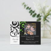 黒/白/ライムグリーンはっきりしたスワール日付の保存 案内ポストカード (スタンド正面)