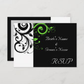 黒/白/ライムグリーンはっきりしたスワール結婚ズ 出欠カード (正面/裏面)