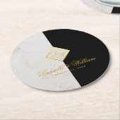 黒 白 大理石 モノグラム ゴールド エレガント ウェディング ラウンドペーパーコースター (アングル)