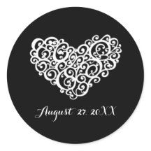 黒（白） 渦巻形のハート-シンプル円ステッカー