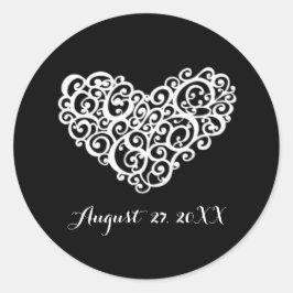 黒（白） 渦巻形のハート-シンプル円ステッカー ラウンドシール