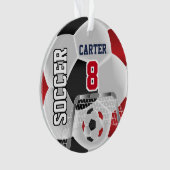 黒、白、濃い赤のサッカーのパーソナライズ⚽ オーナメント (正面)
