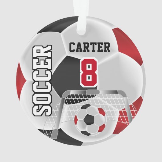 黒、白、濃い赤のサッカーのパーソナライズ⚽ オーナメント (裏面)