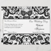 黒、白、灰色のフローラダマスク結婚式プログラム (正面/裏面)