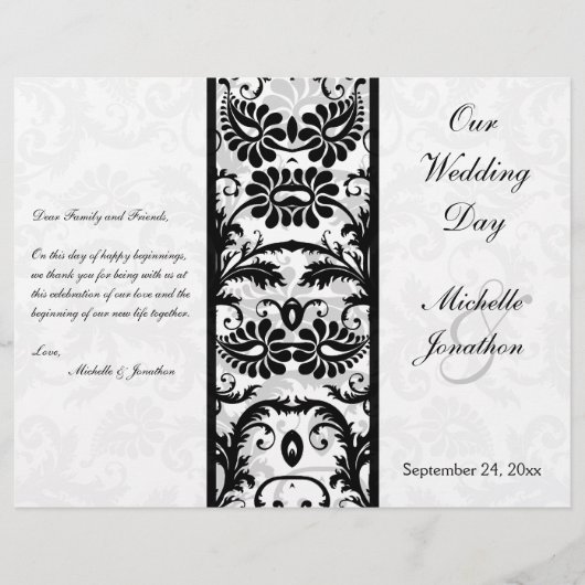黒、白、灰色のフローラダマスク結婚式プログラム (正面)