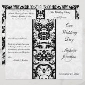 黒、白、灰色のフローラダマスク結婚式プログラム (正面/裏面)