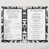 黒、白、灰色のフローラダマスク結婚式プログラム (裏面)