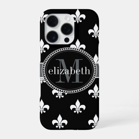 黒 白 灰色 ユリの紋章 モノグラム iPhoneケース (裏面)