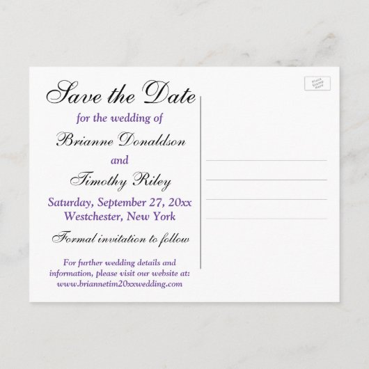 黒、白、紫のダマスク日付のはがきを保存 案内ポストカード (裏面)