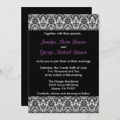 黒/白/紫のダマスク結婚式招待状 招待状 (正面/裏面)