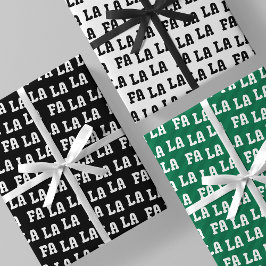 黒、白、緑のスタイリッシュで楽しいFa La La La ラッピングペーパーシート