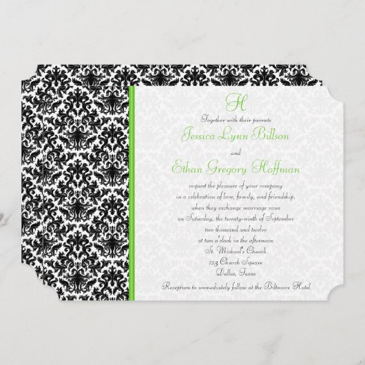 黒、白、緑のダマスク結婚式招待状 招待状 (正面/裏面)