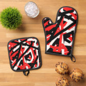 黒・白・赤のグラフィティ 鍋つかみ&鍋敷きセット (トップダウン)