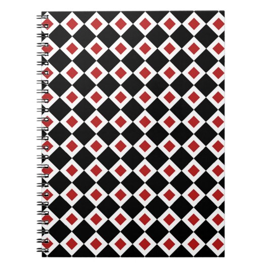 黒、白、赤のダイヤモンドパターン ノートブック (正面)