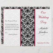 黒・白・赤のダマスク結婚式プログラム (正面/裏面)