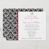 黒、白、赤のダマスク結婚式招待状 招待状 (正面/裏面)