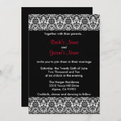 黒/白/赤のダマスク結婚式招待状 招待状 (正面/裏面)