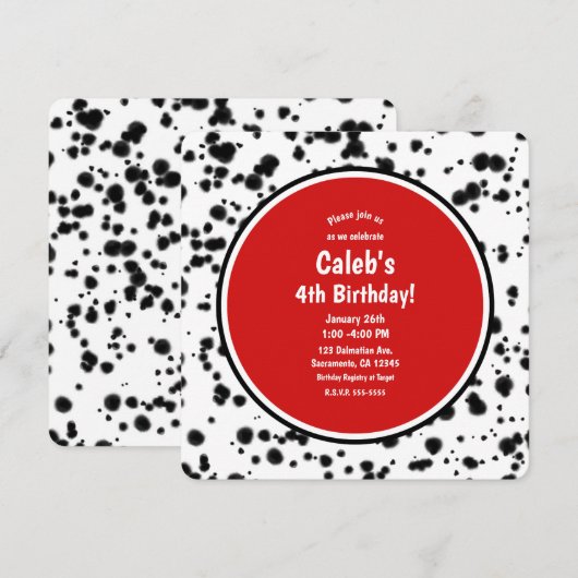 黒 白 赤のダルメシアンの斑点 誕生日パーティー 招待状 (正面/裏面)