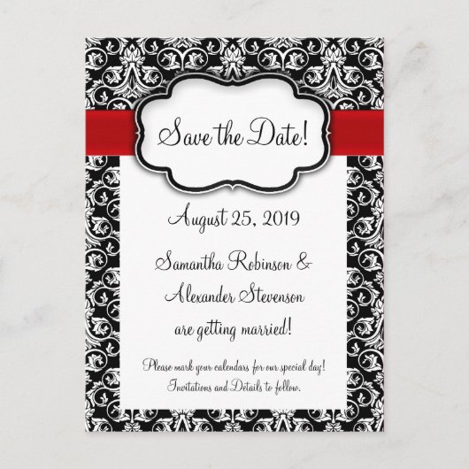 黒/白/赤のリボンマスク日付を保存 案内ポストカード (正面)