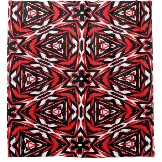 黒、白、赤の万華鏡のように千変万化するパターン シャワーカーテン (正面)