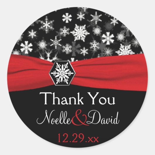 黒、白、赤の雪の結婚結晶 ラウンドシール (正面)