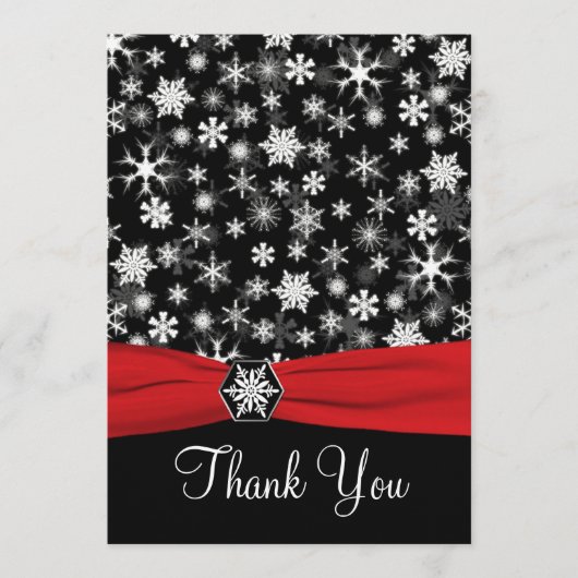 黒、白、赤の雪の結晶の感謝カード - フラット サンキューカード (正面)