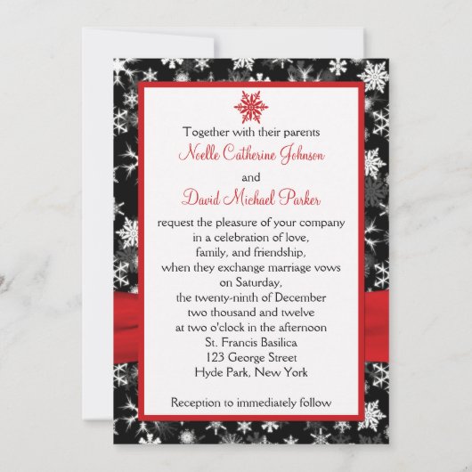 黒、白、赤の雪片結婚式招待状 招待状 (裏面)