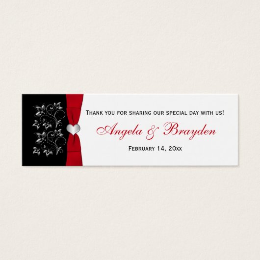 黒、白、赤フローラ、ハート結婚式の引き出物ラベル (正面)
