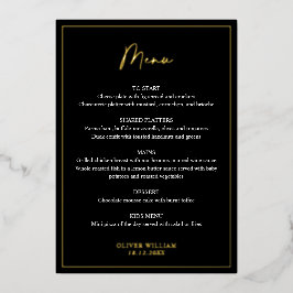 黒、白、金の箔のバプテスマのメニューカード 箔招待状