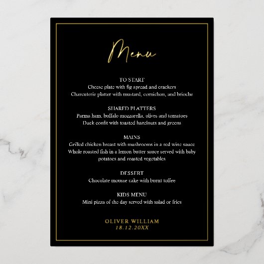 黒、白、金の箔のバプテスマのメニューカード 箔招待状 (正面)