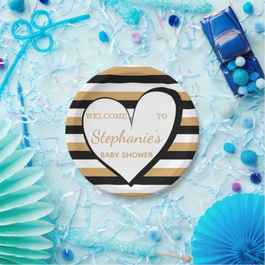 黒、白、金ゴールドとストライプハート赤ちゃんシャワー ペーパープレート (パーティー)