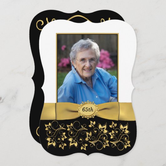 黒、白、金ゴールド65thフォト誕生日招待状 招待状 (正面/裏面)