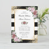 黒 白 金 グリッター ブラッシュ ピンク フラワー ウェディング 招待状 (スタンド正面)