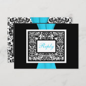 黒、白、青のダマスクにフェイクのリボン　ＲＳＶＰ 出欠カード (正面/裏面)