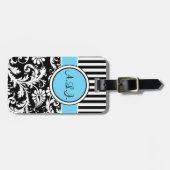 黒、白、青のダマスクストライプのラゲッジタグ ラゲッジタグ (正面横)
