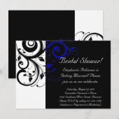 黒、白、青の旋回ブライダルシャワー/一般 招待状 (正面/裏面)