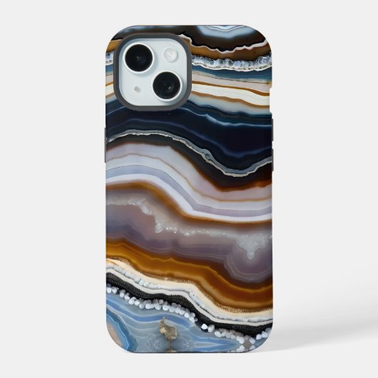 黒 白 青 灰色 テラコッタ アゲート ジオード iPhone 15ケース (裏面)