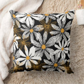黒、白、黄エレガントデイジーフローラ抽象芸術 クッション (ブランケット)