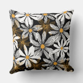 黒、白、黄エレガントデイジーフローラ抽象芸術 クッション (裏面)