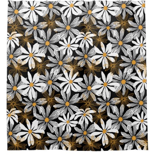 黒、白、黄エレガントデイジーフローラ抽象芸術 シャワーカーテン (正面)