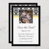 黒、白、黄色のダマスクの写真の日付を保存 セーブザデート (正面/裏面)