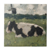 黒+素朴白の牛と風車のヴィンテージアート タイル (正面)