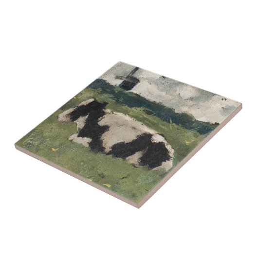 黒+素朴白の牛と風車のヴィンテージアート タイル (側面)