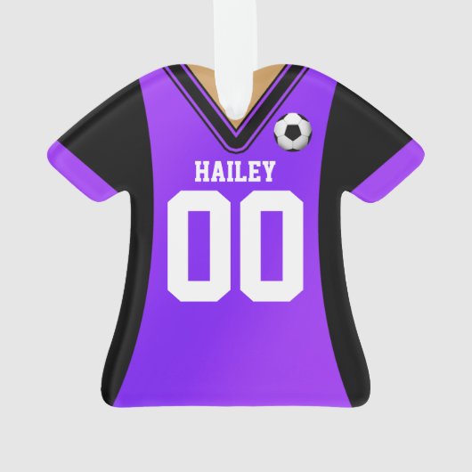黒/紫パーソナライズされたのサッカージャージー オーナメント (裏面)