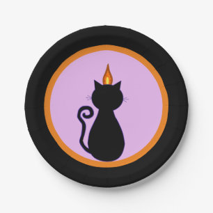 黒、紫、オレンジのハロウィン黒猫 ペーパープレート