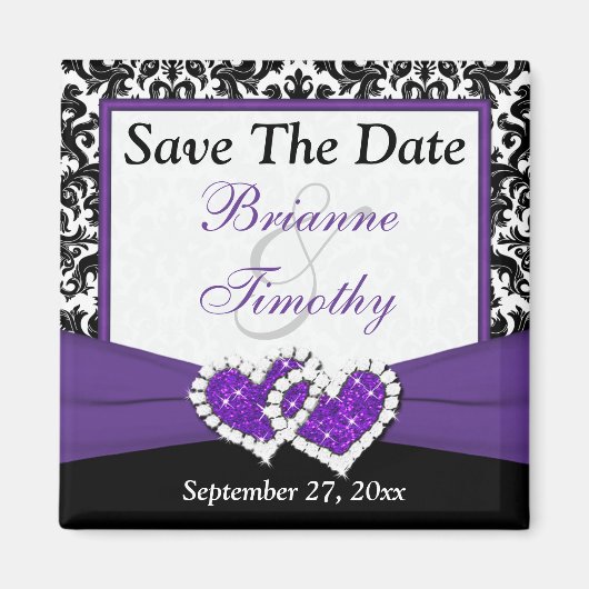 黒、紫、白のダマスク日付磁石を保存 マグネット (正面)