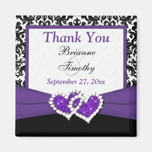 黒、紫、白のダマスク結婚式のお礼マグネット マグネット (正面)