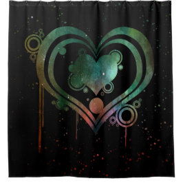 黒(緑と赤の水色の滴り落ちるハート) シャワーカーテン