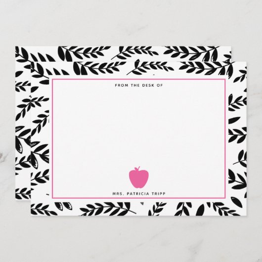 黒 + 群葉のピンクのAppleの白人の先生 ノートカード (正面/裏面)
