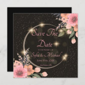 黒/花柄のSave the Dateカード 招待状 (正面/裏面)